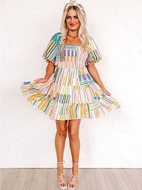 Entro Flirty Fiesta Patchwork Stripe Puff Sleeve Smocked Babydoll Dress M